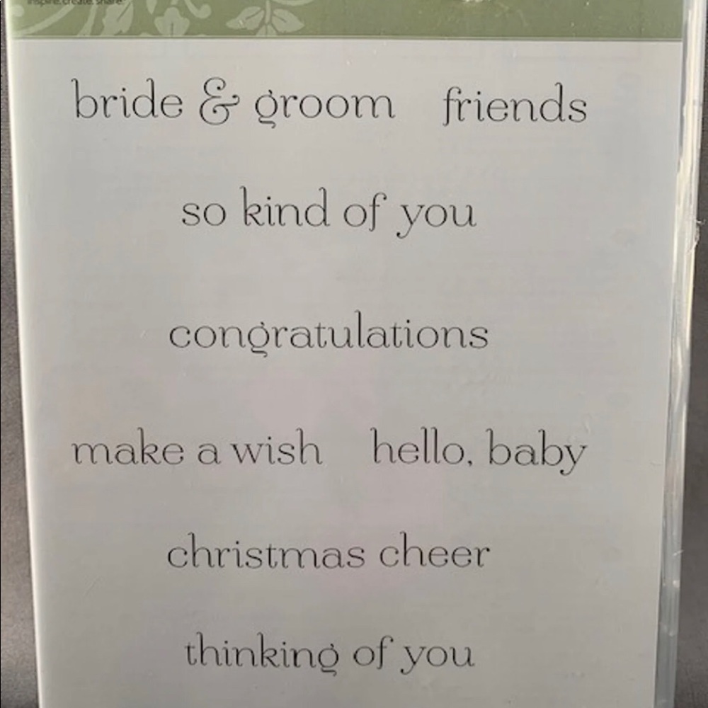 New Stampin’ Up! “Sweet Essentials” set of eight cling sentiment words.